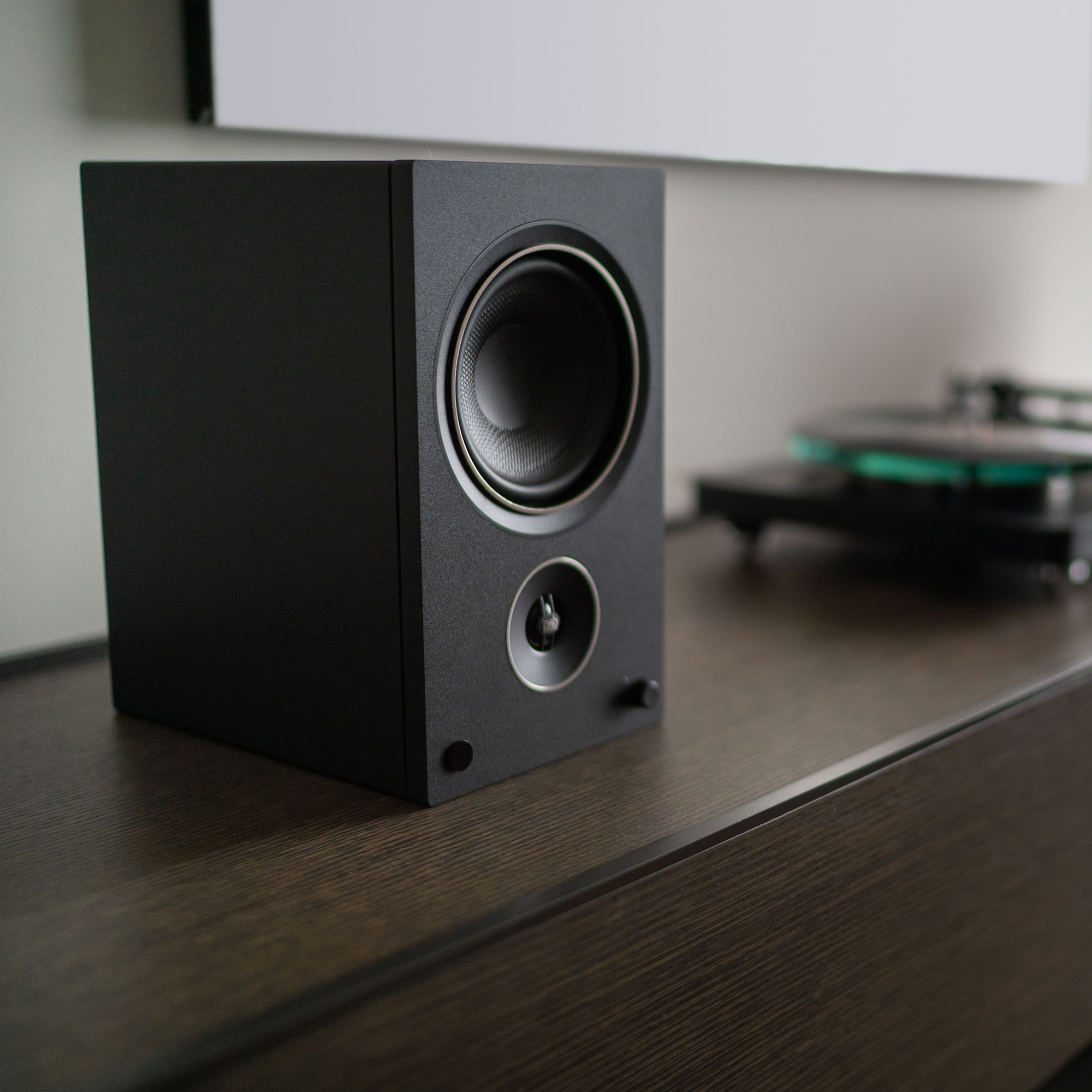 Powered bookshelf speaker with a turntable